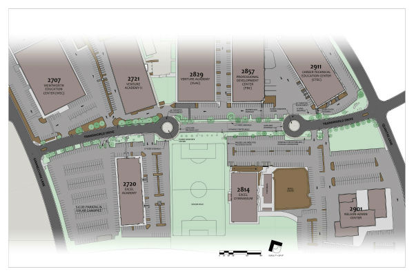 Progressive Designs has experience in master planning sites and developments.  This is an example of a master site plan done for the San Joaquin County Office of Education to control the flow traffic within the campus and provide pedestrian routes throughout the campus.